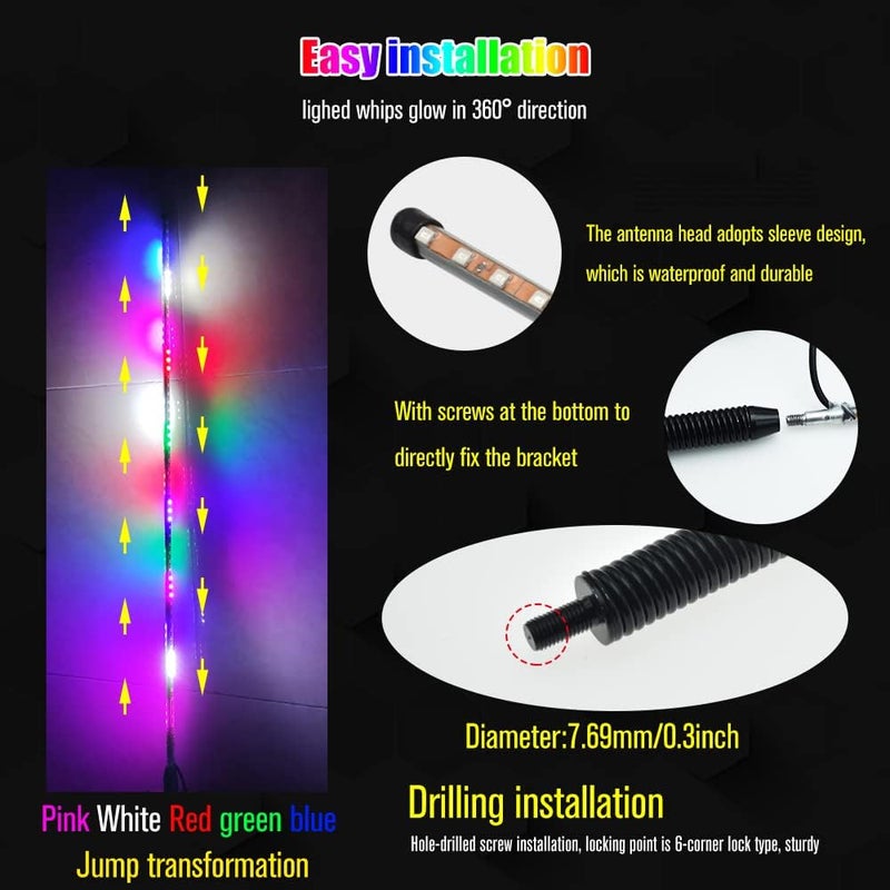YEORO 2pcs RGB Double LED Strips 270 Auto Strobe LED Antenna Lights Waterproof for UTV, ATV (3.4 FT) - Image 4